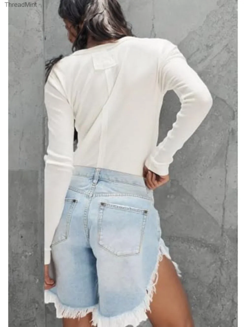 High Waisted Distressed Denim Shorts for Women, Ripped Fringe Long Baggy Jean